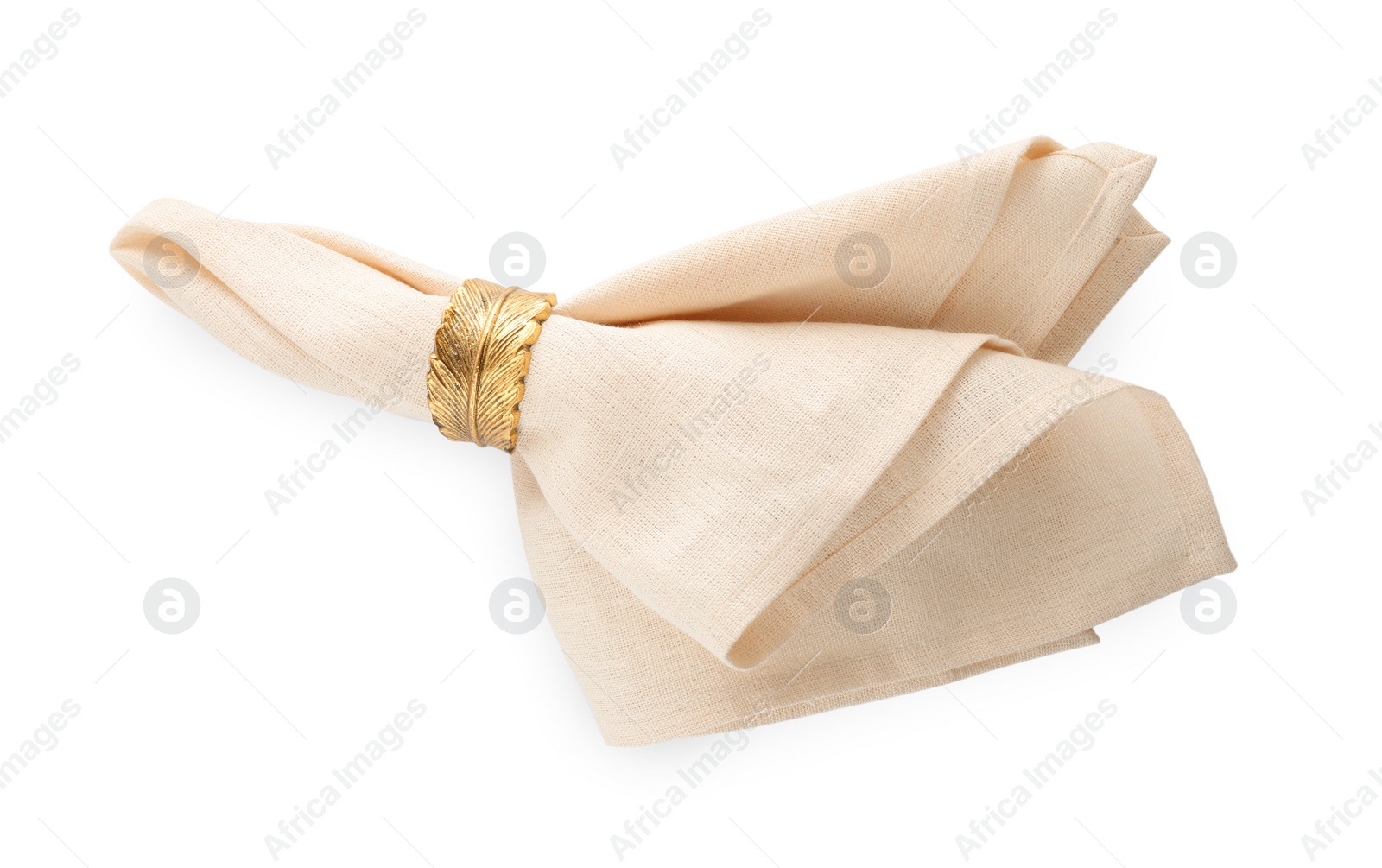 Photo of Napkin with decorative ring for table setting isolated on white, top view