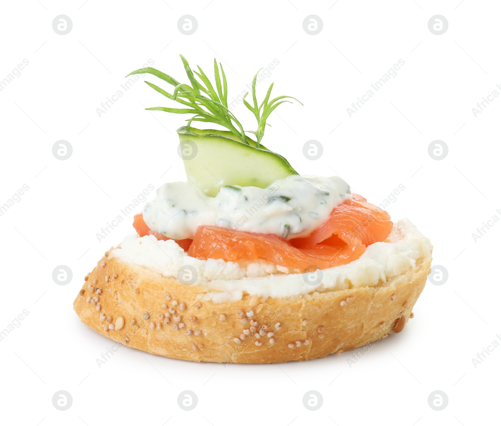 Photo of Tasty canape with salmon, cucumber, cream cheese and dill isolated on white