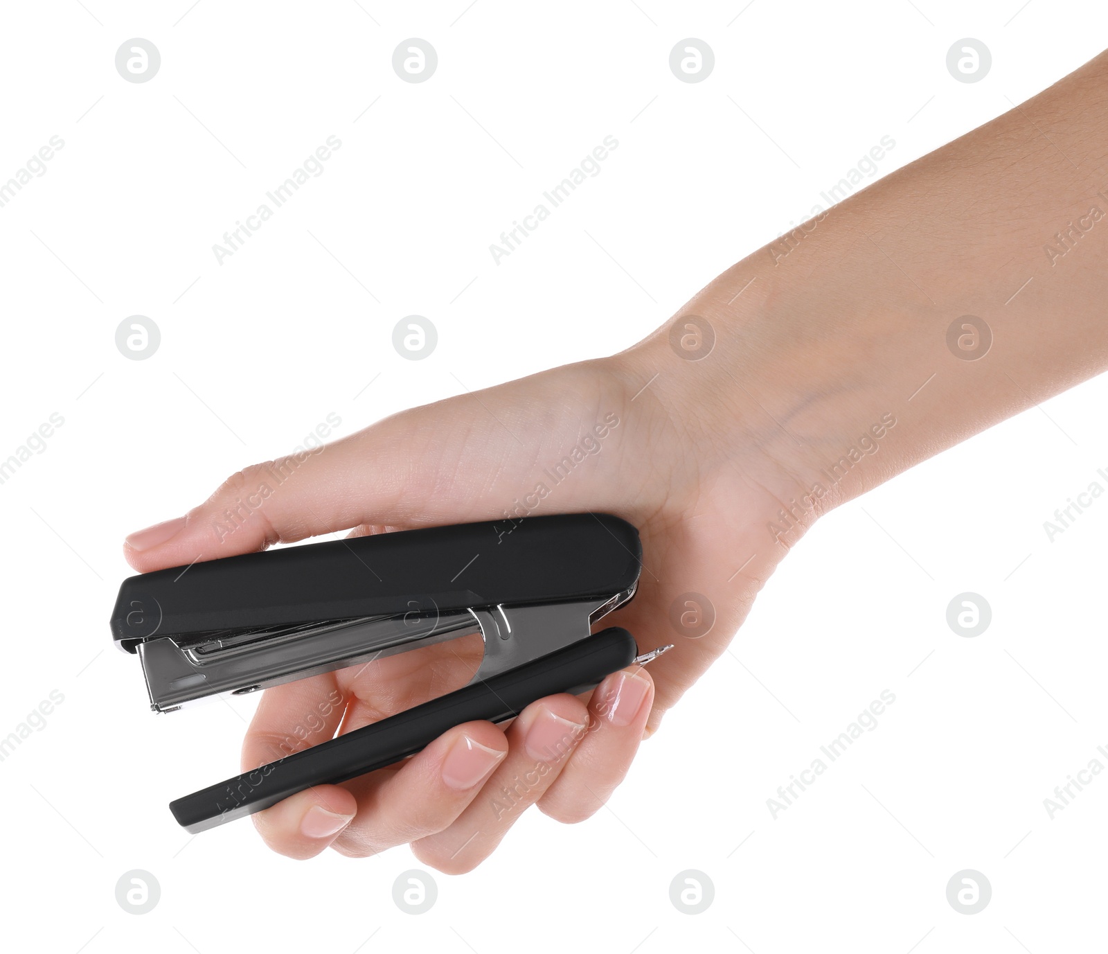 Photo of Woman holding black stapler on white background, closeup