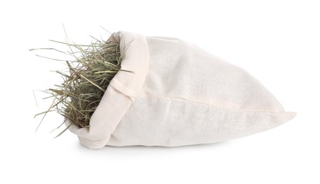 Dried hay in burlap sack isolated on white