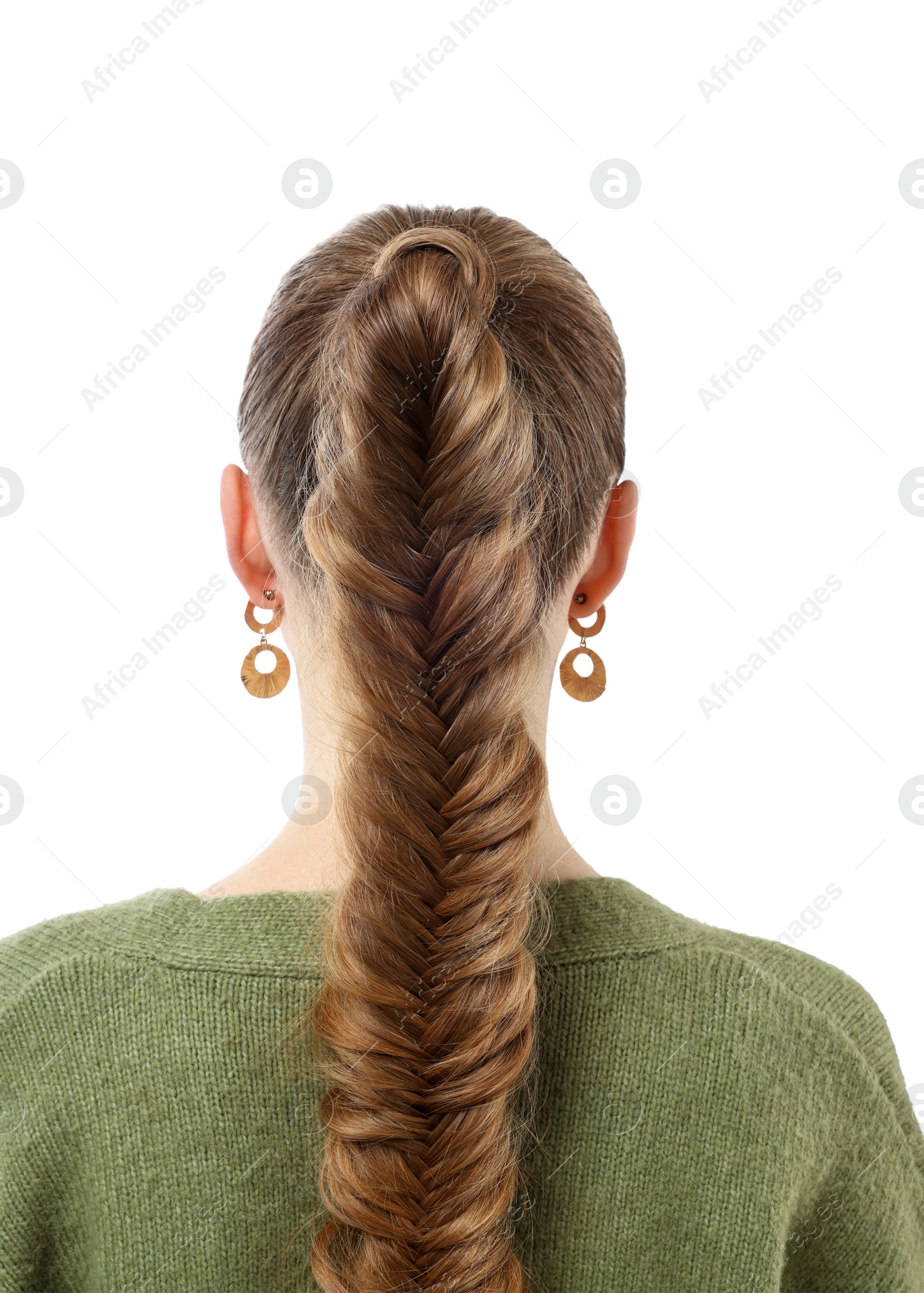 Photo of Woman with braided hair on white background, back view