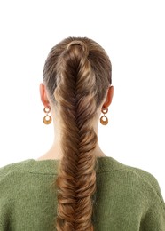 Woman with braided hair on white background, back view