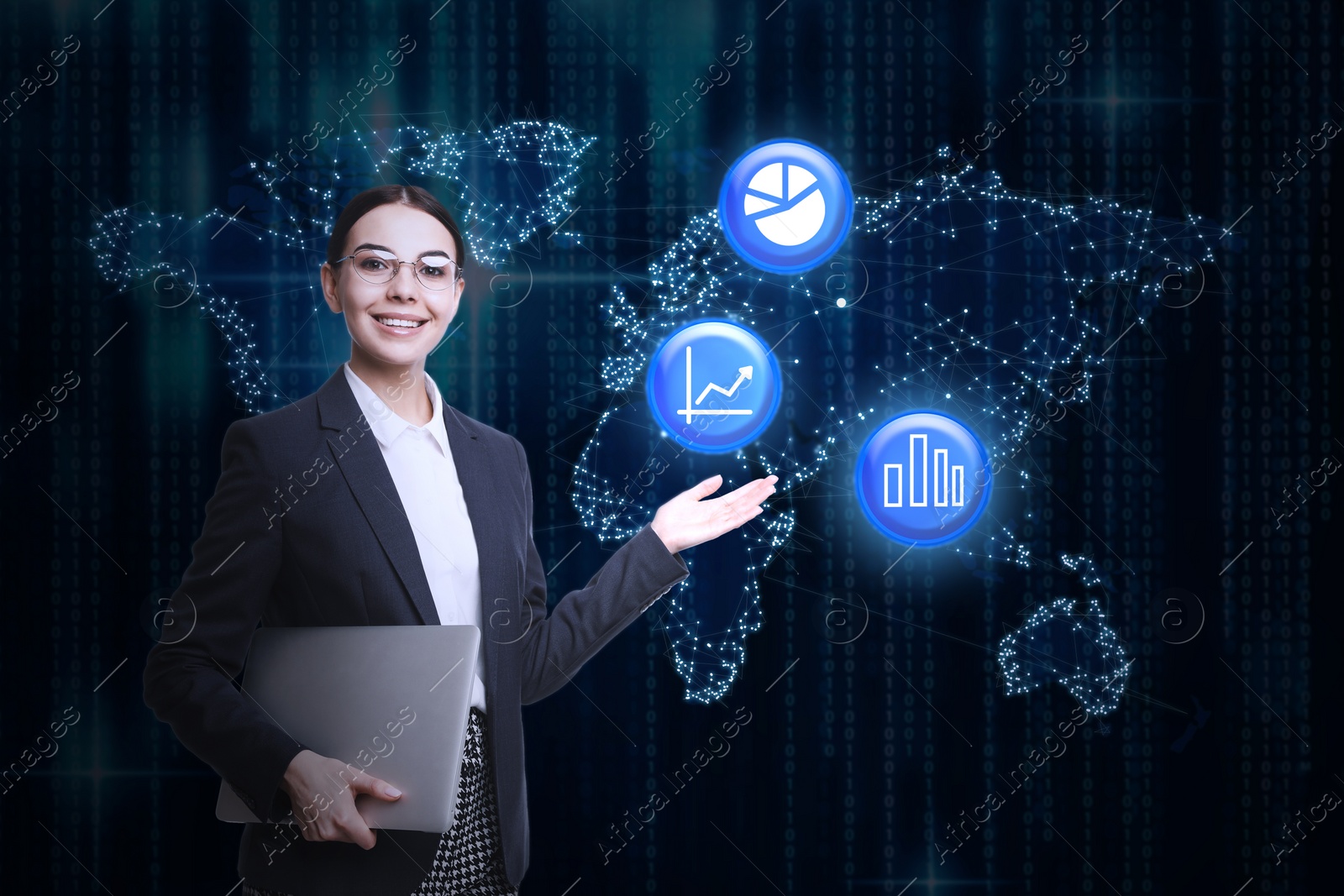 Image of Young businesswoman holding laptop near virtual screen with world map and different icons. Finance trading concept