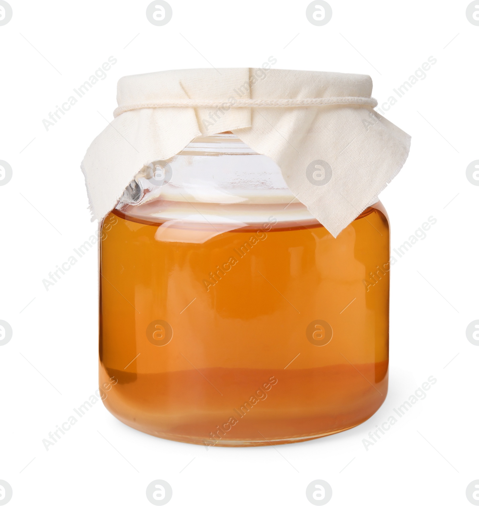 Photo of Tasty kombucha in glass jar isolated on white