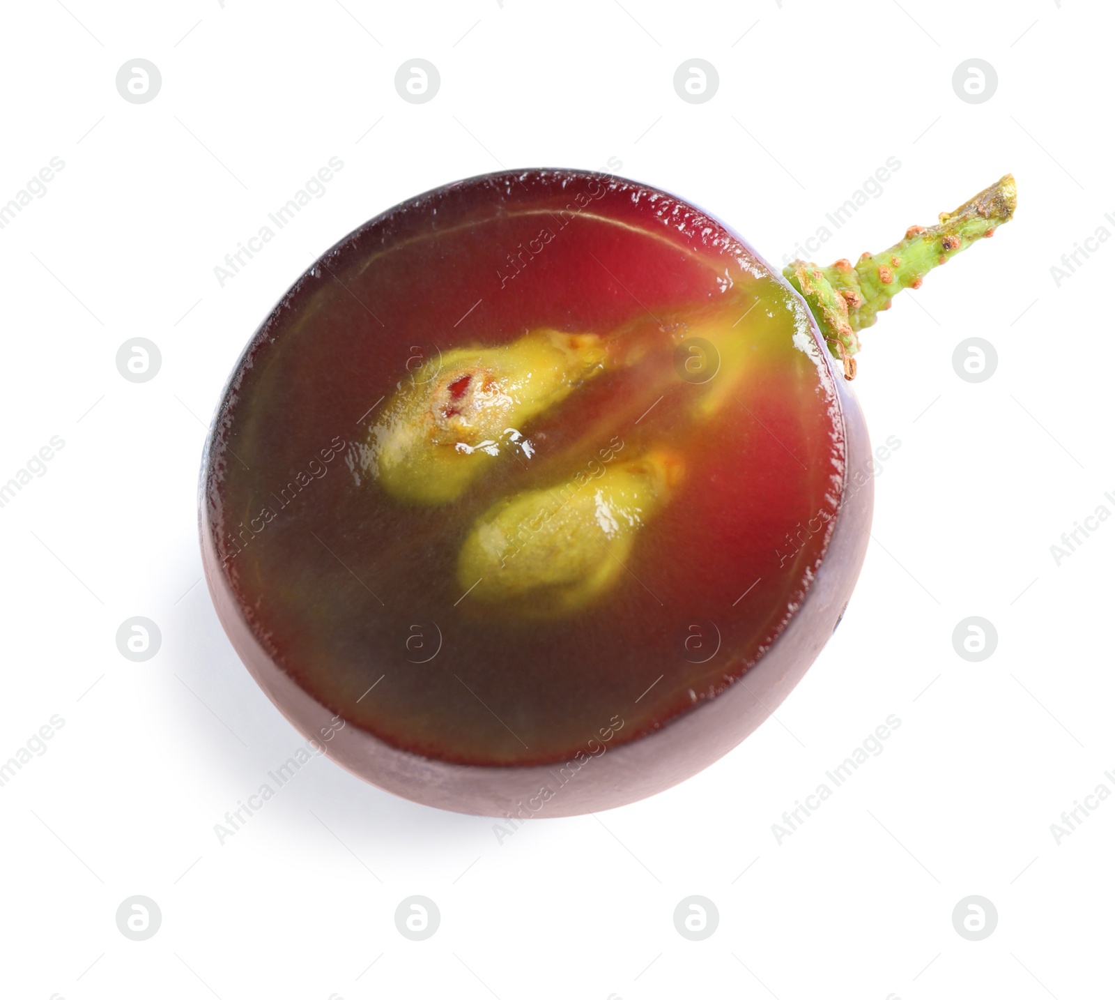 Photo of Fresh ripe cut juicy grape on white background, top view