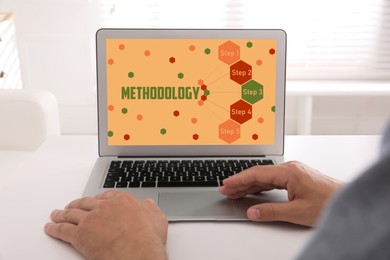 Methodology concept. Man using modern laptop at white table indoors, closeup