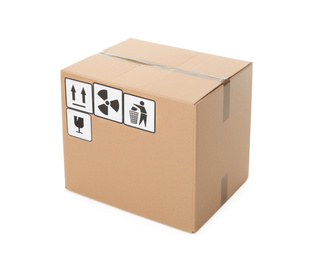 Cardboard box with different packaging symbols isolated on white. Parcel delivery