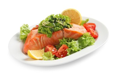 Photo of Tasty cooked salmon with pesto sauce and fresh salad on white background