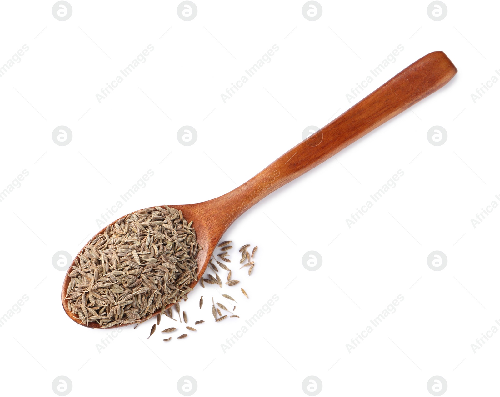 Photo of Spoon of aromatic caraway (Persian cumin) seeds isolated on white, top view