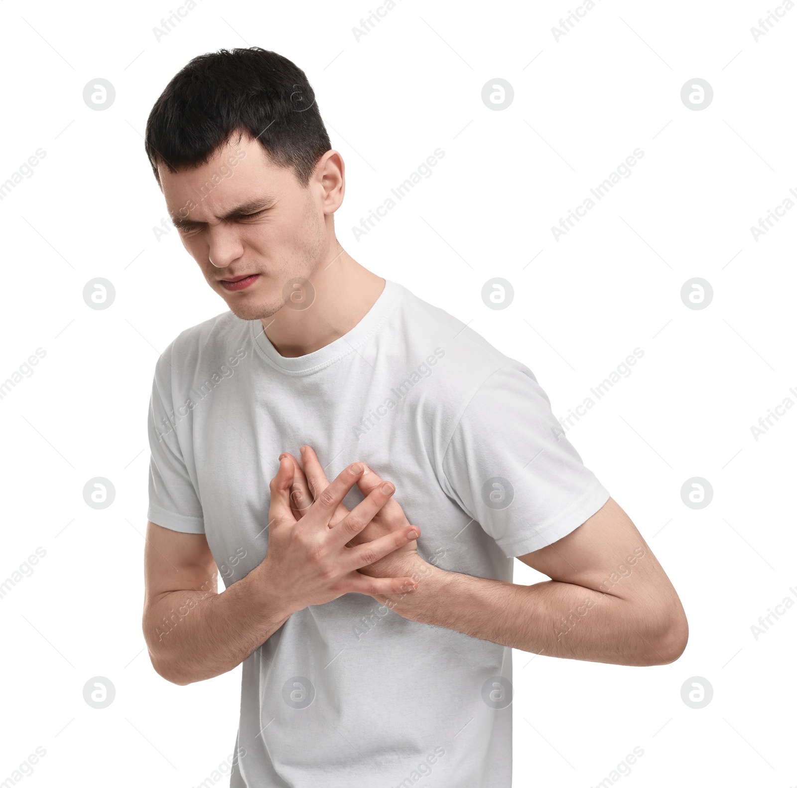 Photo of Man suffering from heart hurt on white background