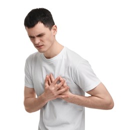 Photo of Man suffering from heart hurt on white background