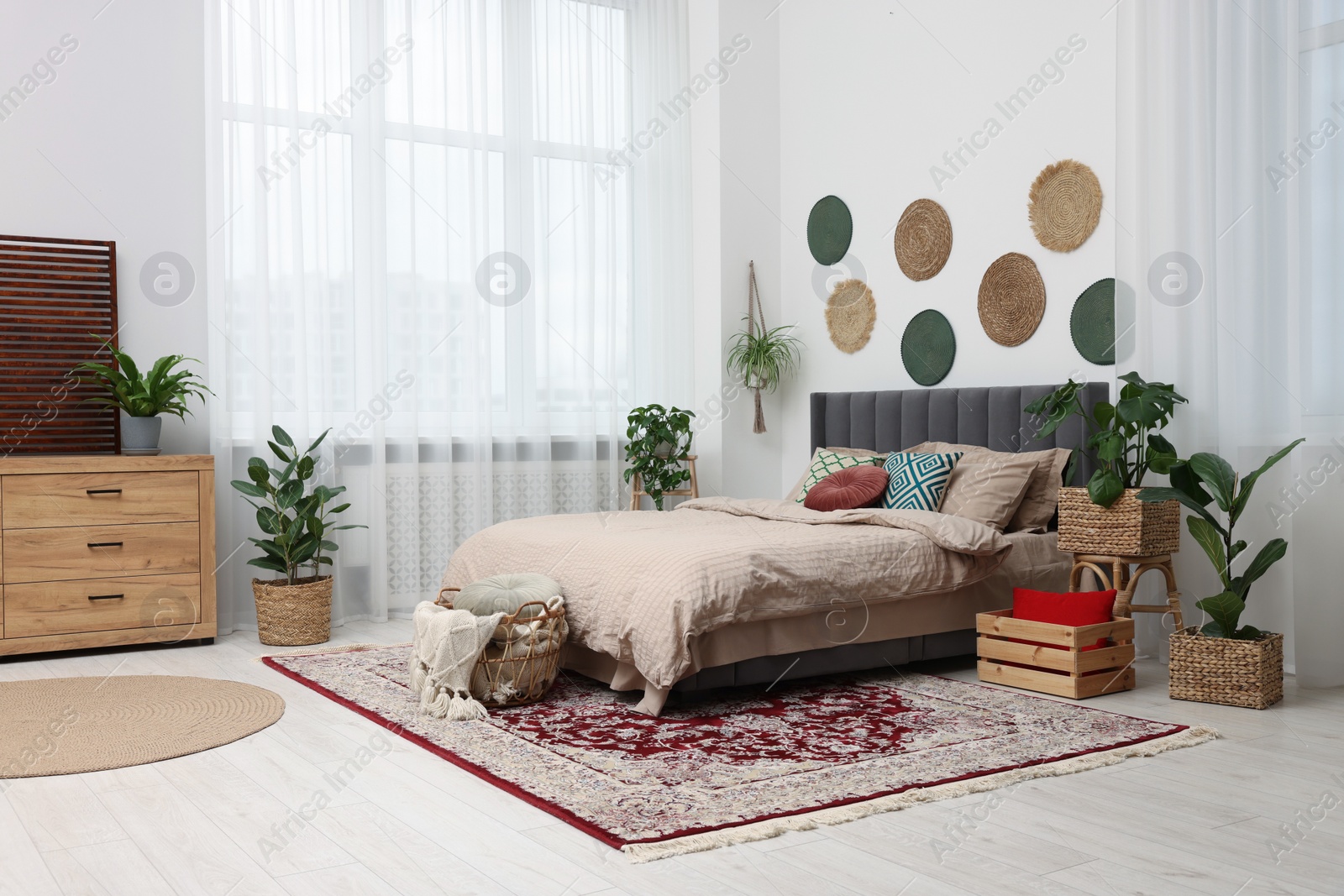 Photo of Large comfortable bed and potted houseplants in stylish bedroom. Interior design