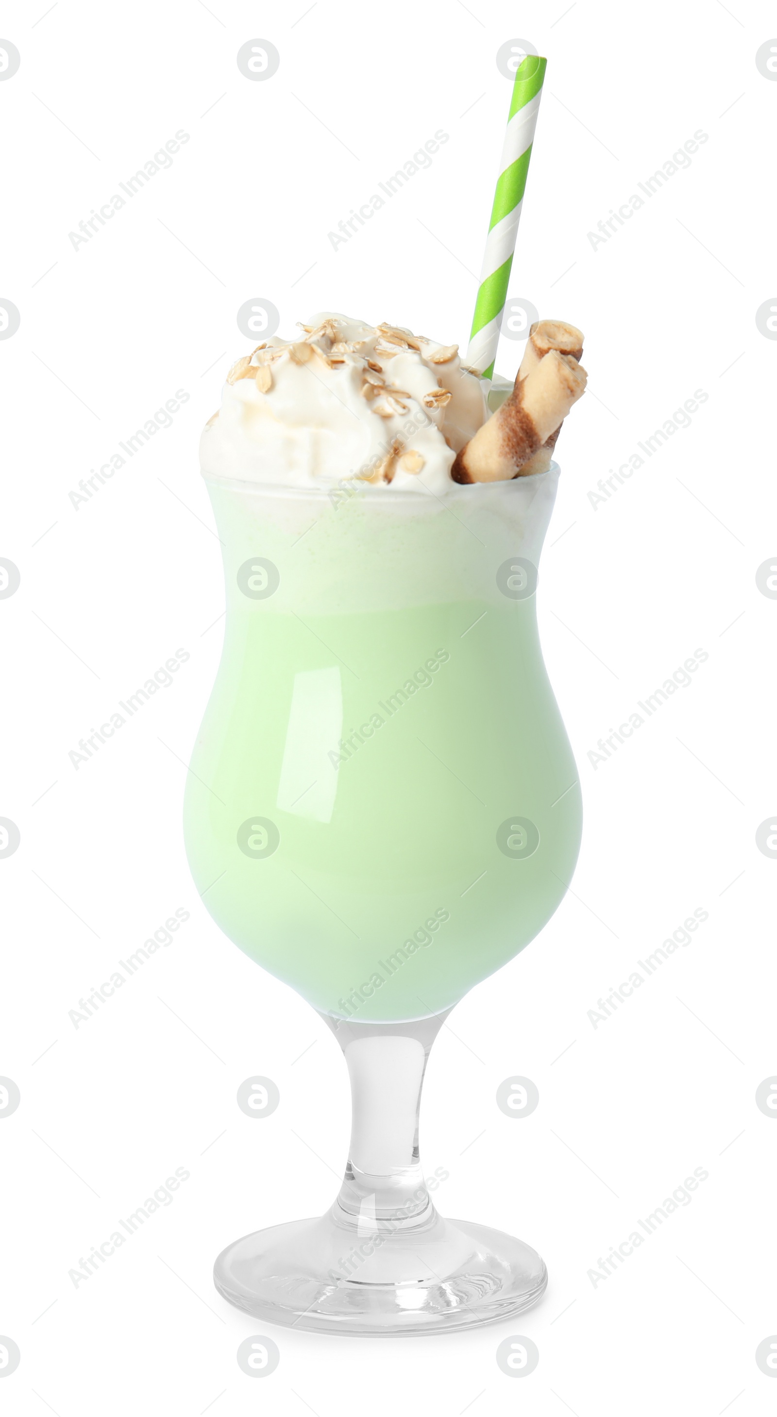 Photo of Glass of tasty milk shake on white background