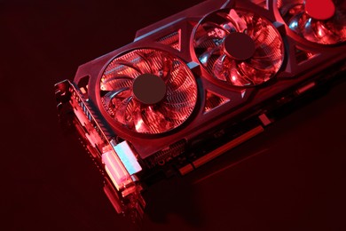 Photo of Computer graphics card on color background, closeup