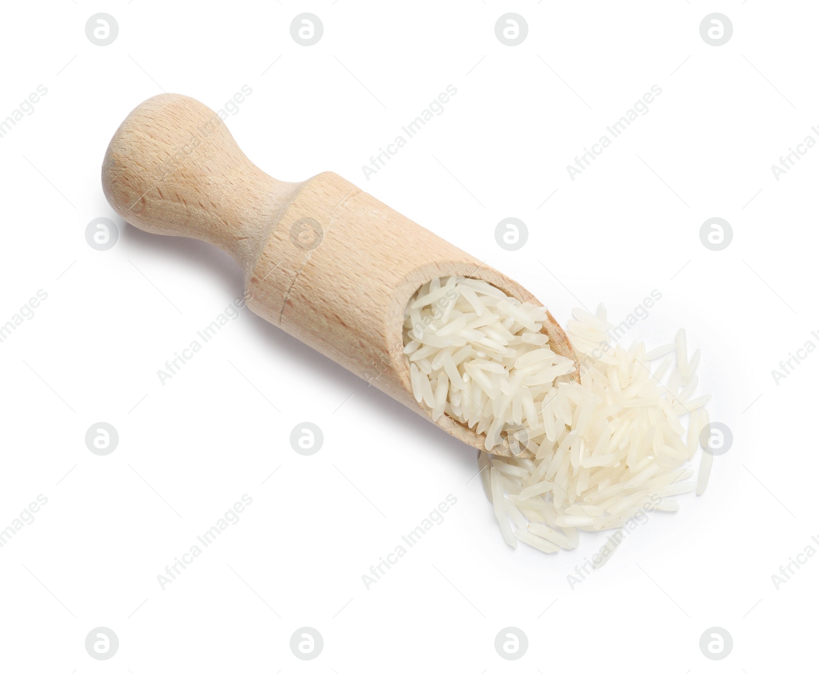 Photo of Raw basmati rice and scoop isolated on white, top view