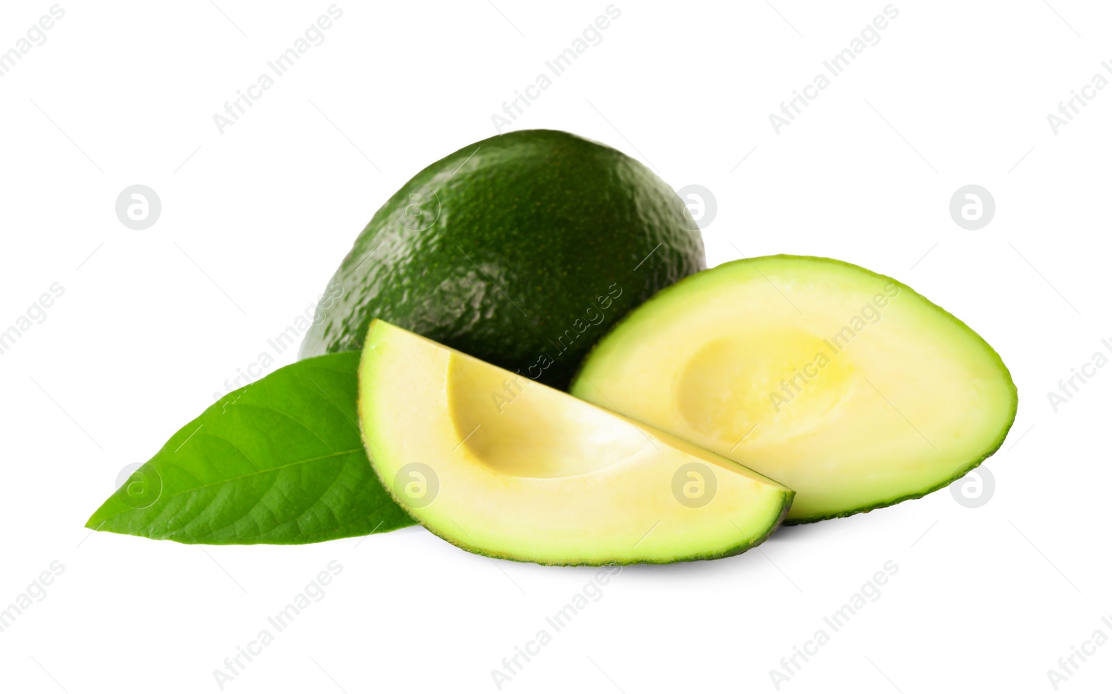 Photo of Whole and cut avocados isolated on white