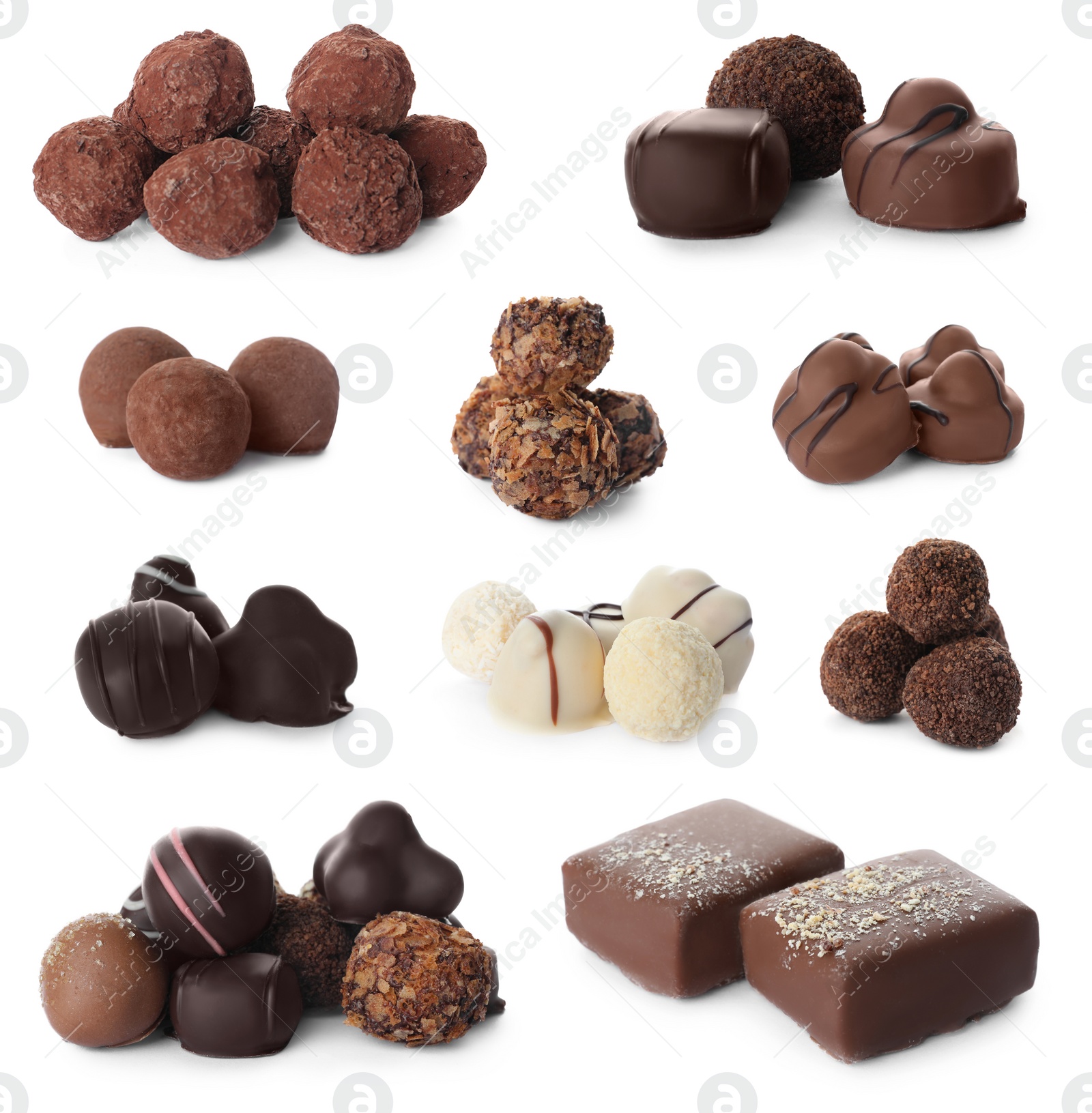 Image of Set with different chocolate candies on white background