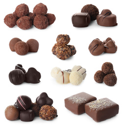 Image of Set with different chocolate candies on white background