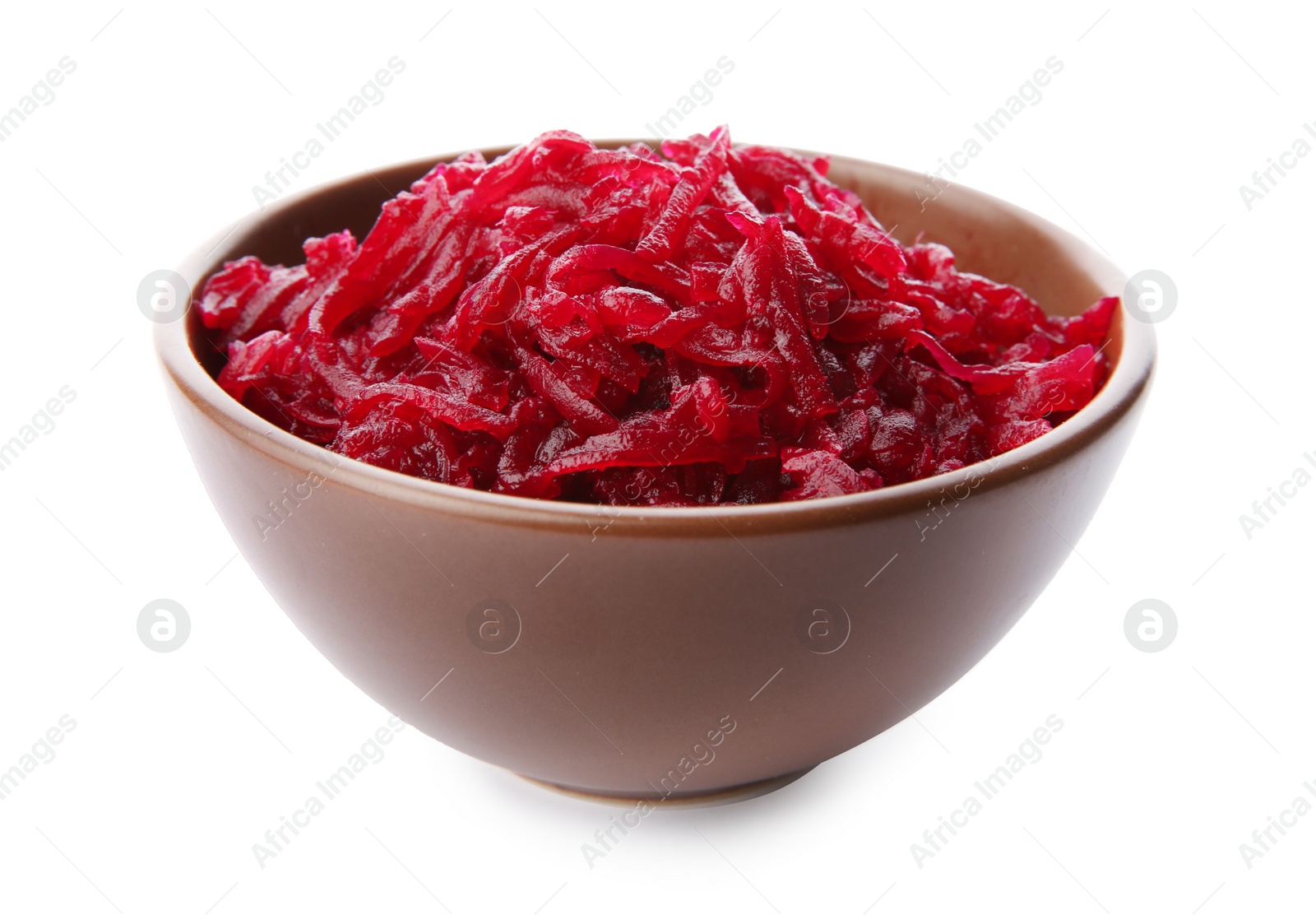 Photo of Bowl of grated red beet on white background