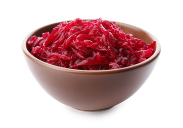 Photo of Bowl of grated red beet on white background