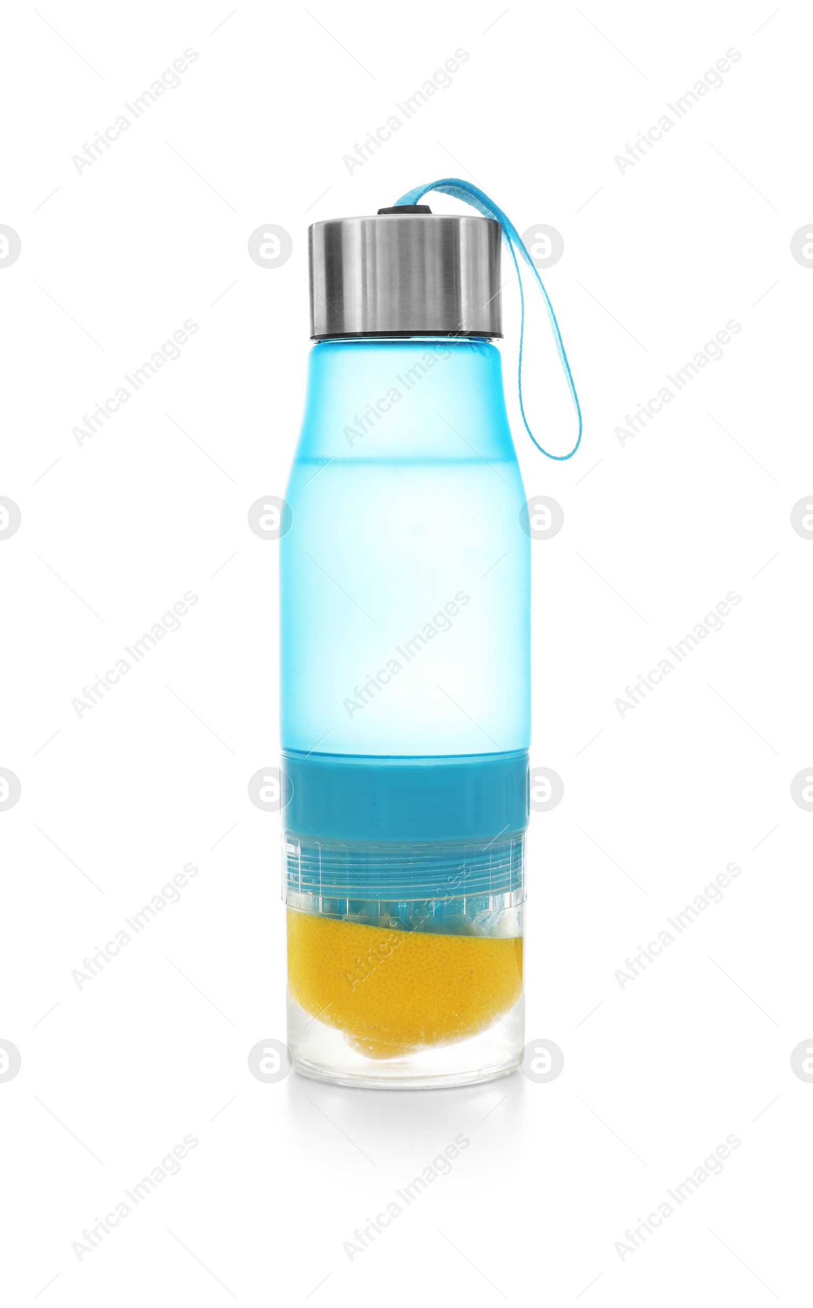 Photo of Sport bottle with lemon water on white background