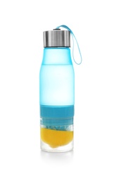 Photo of Sport bottle with lemon water on white background