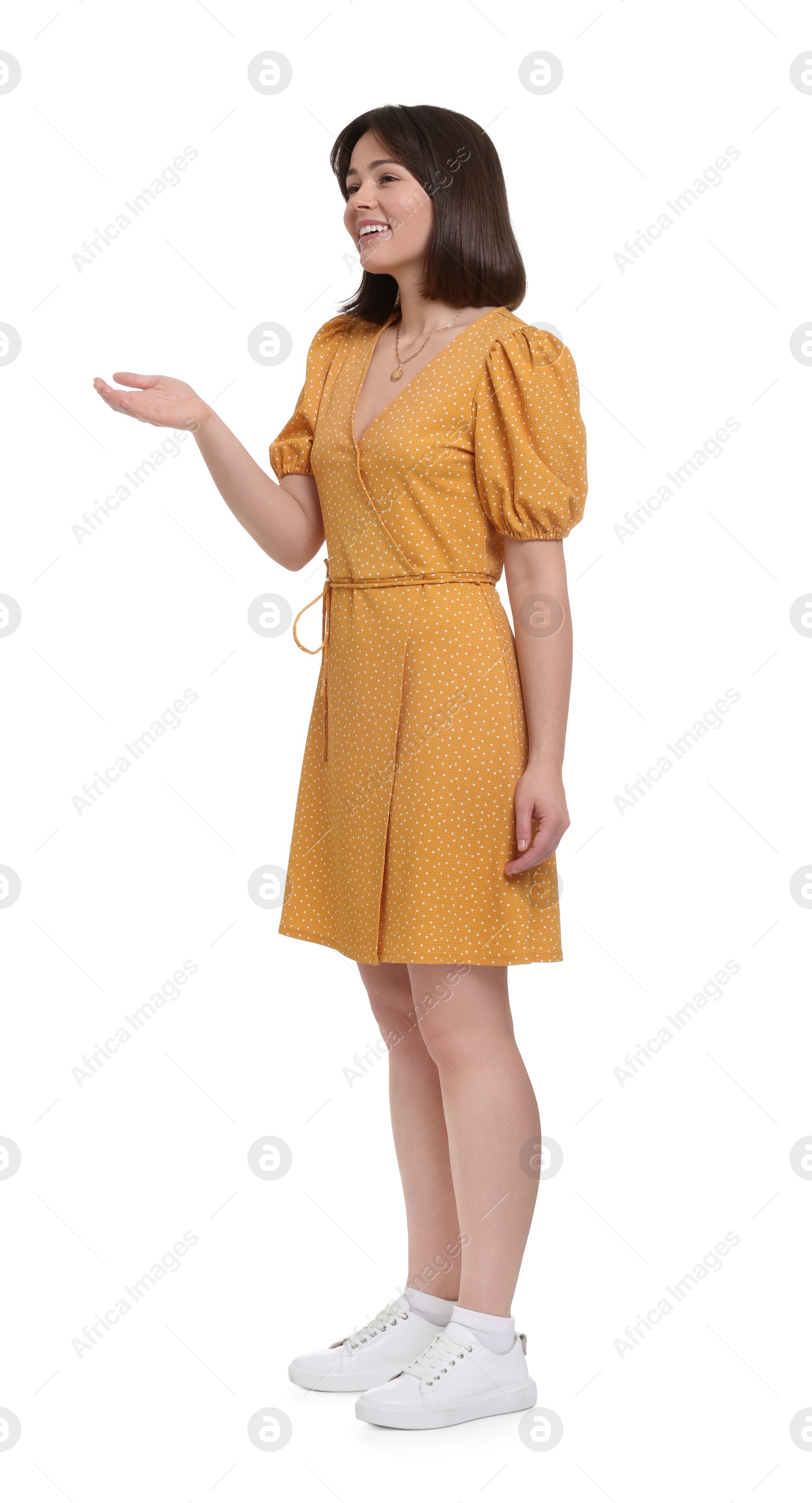 Photo of Happy woman in beautiful dress on white background