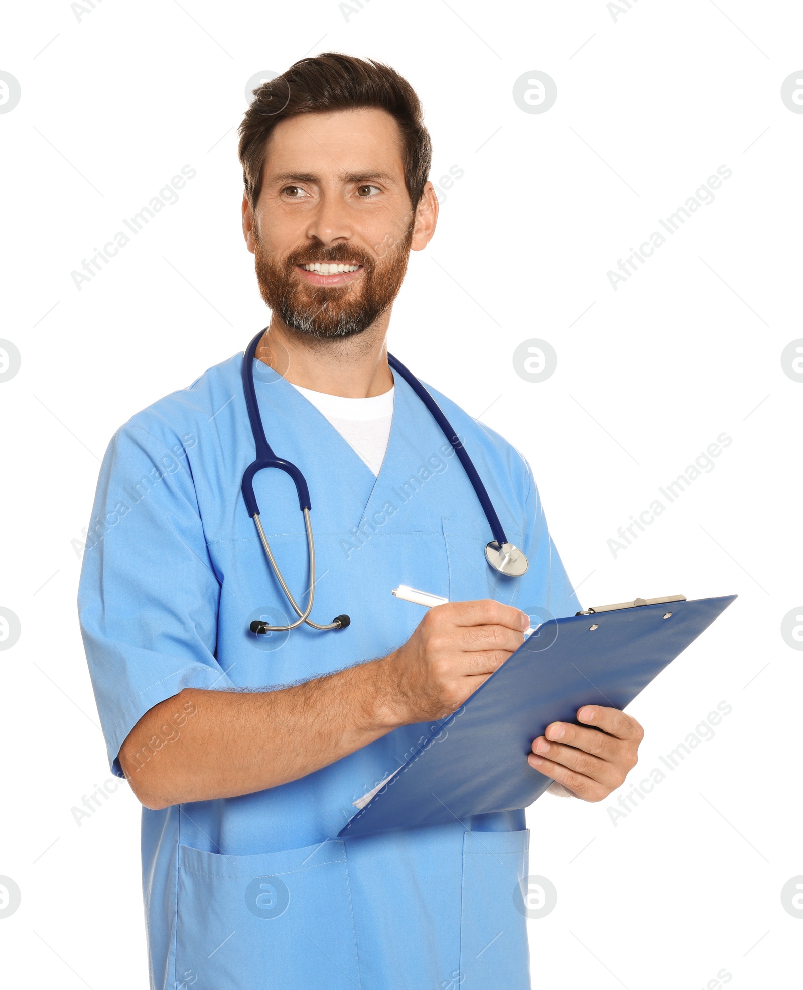 Photo of Happy doctor with stethoscope and clipboard on white background