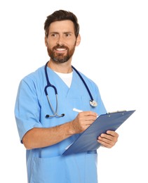 Photo of Happy doctor with stethoscope and clipboard on white background