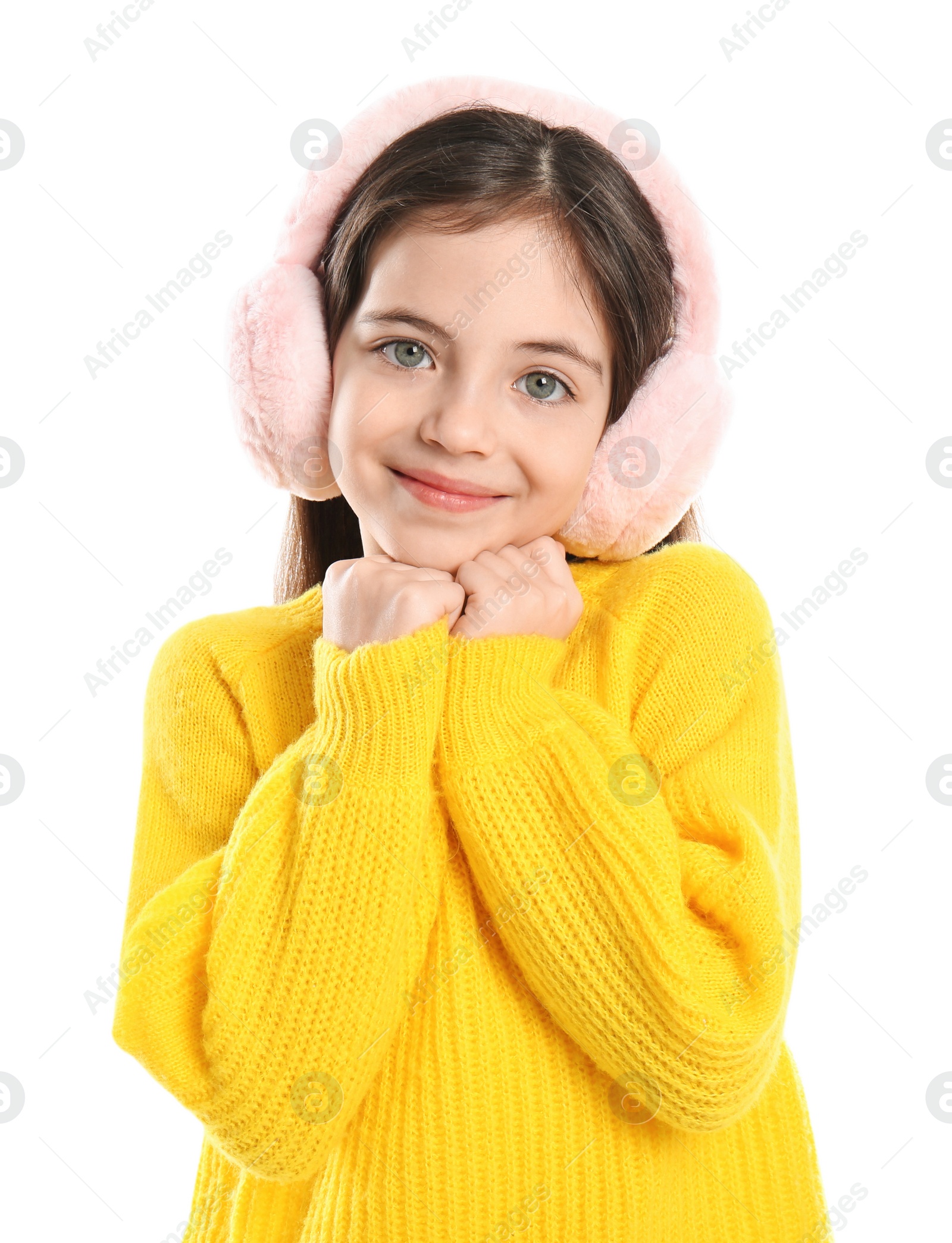 Photo of Cute girl wearing stylish earmuffs on white background