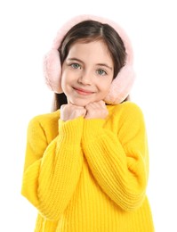 Photo of Cute girl wearing stylish earmuffs on white background