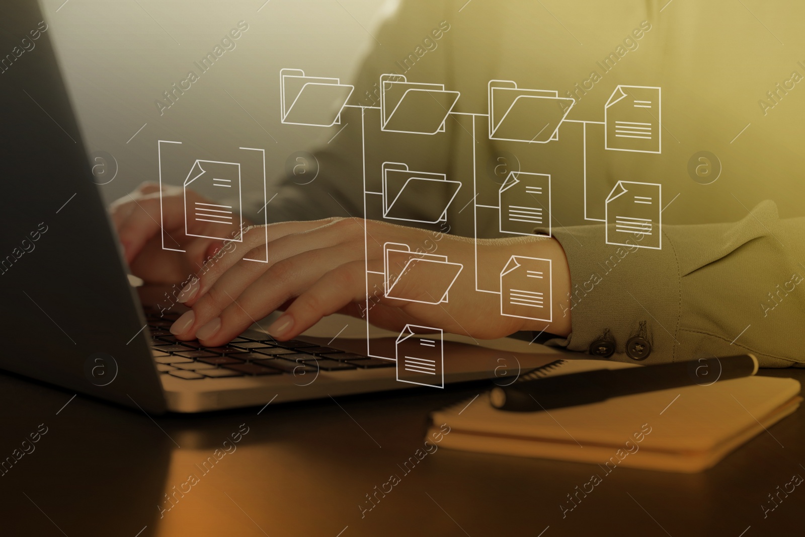 Image of Electronic document management. Woman working on laptop at table, closeup