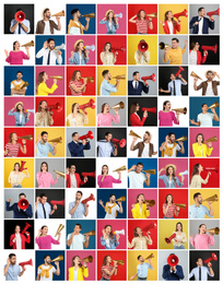 Collage of people with megaphones on color backgrounds