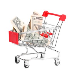 Photo of Small metal shopping cart with dollar bills isolated on white