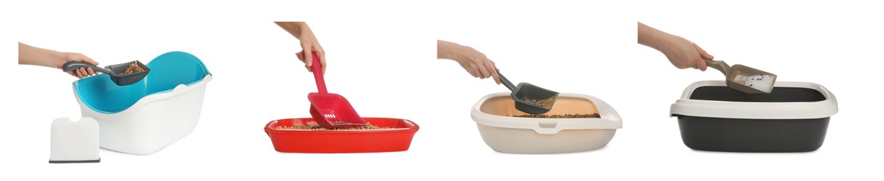 Collage with photos of woman cleaning cat litter trays on white background, closeup