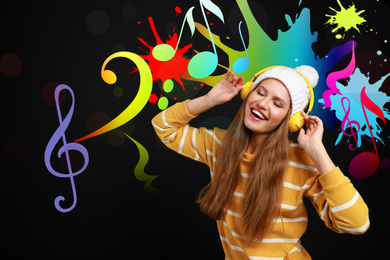 Image of Young woman listening music on black background with bright notes illustration