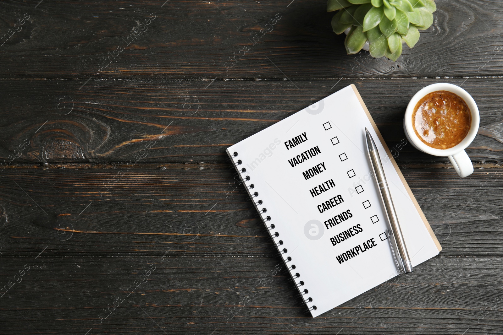 Image of Work-life balance concept.  Flat lay composition with notebook, coffee and space for text on dark wooden background