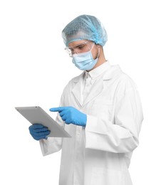 Photo of Quality control. Food inspector with tablet on white background