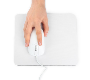 Photo of Woman with wired mouse and pad isolated on white, top view
