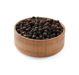 Aromatic spice. Many black peppercorns in bowl isolated on white