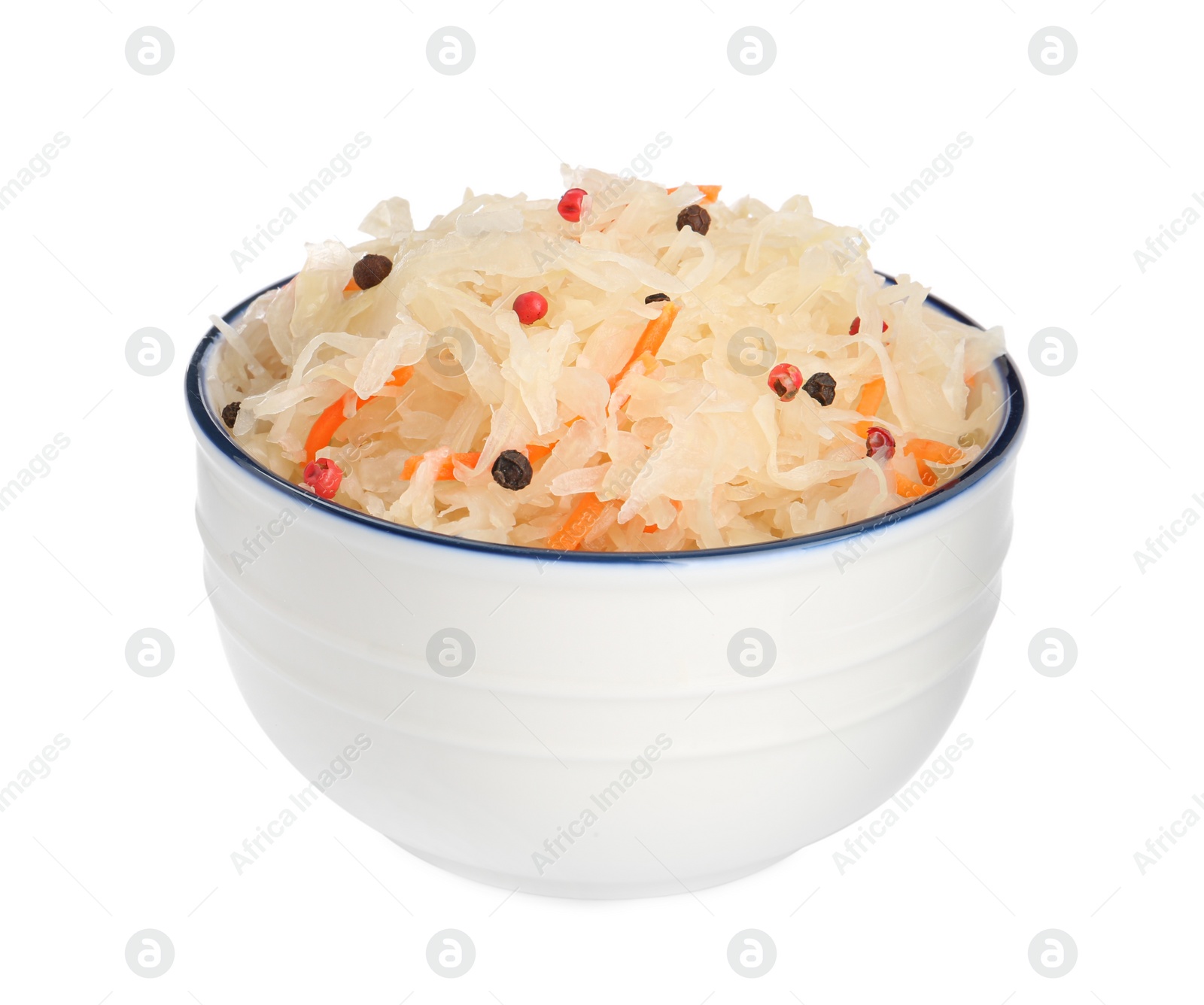 Photo of Bowl of tasty sauerkraut with carrot and peppercorns on white background