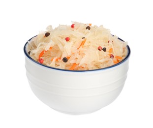 Photo of Bowl of tasty sauerkraut with carrot and peppercorns on white background