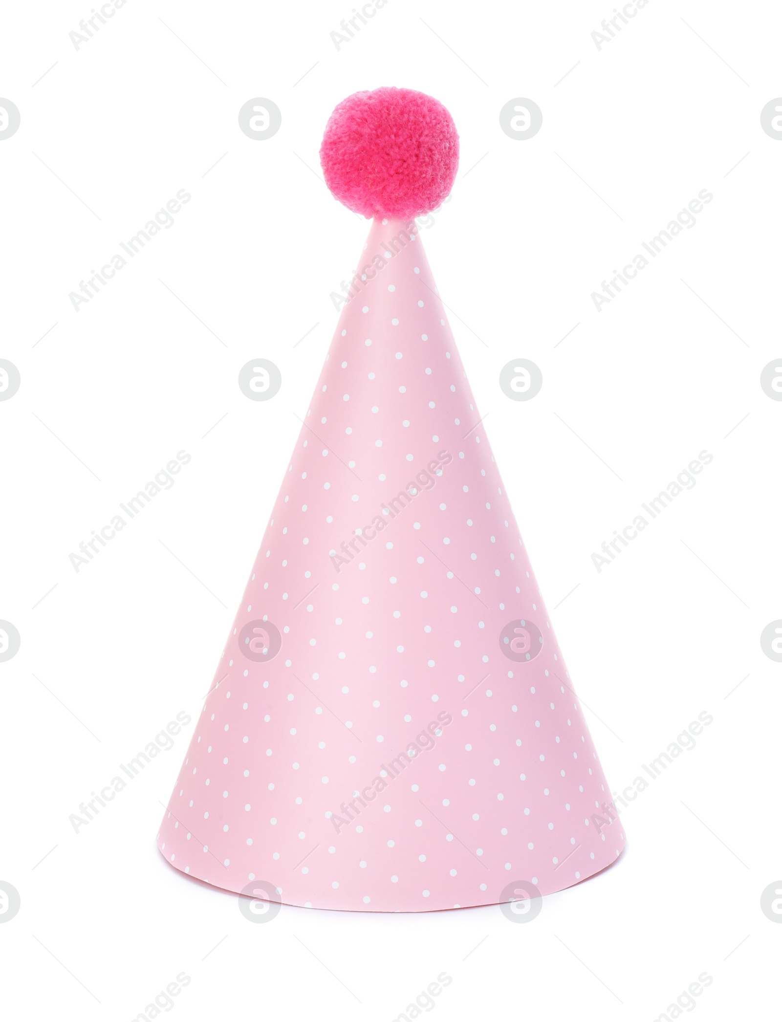 Photo of One pink party hat with pompom isolated on white
