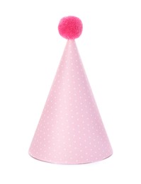 One pink party hat with pompom isolated on white