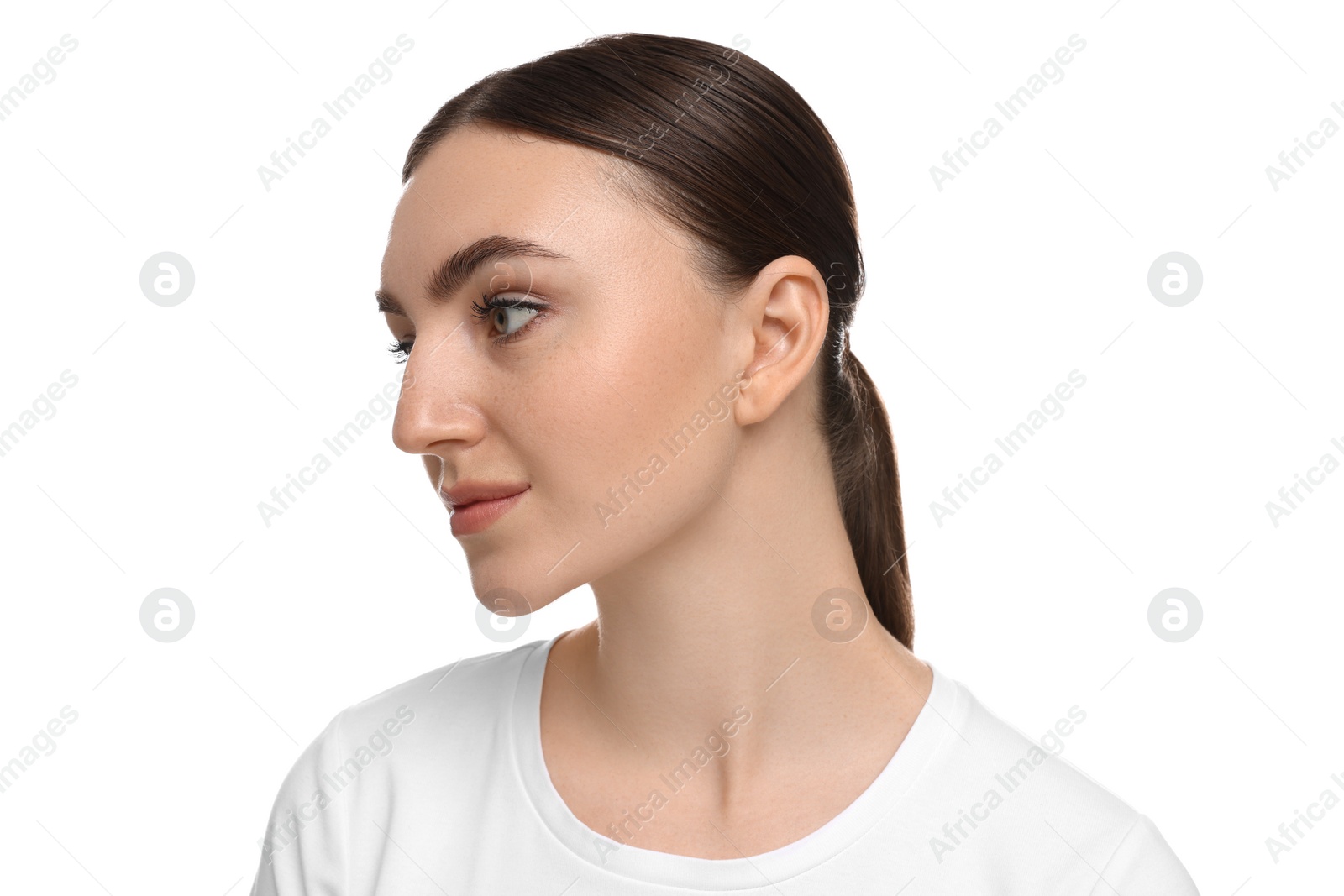 Photo of Portrait of beautiful woman on white background