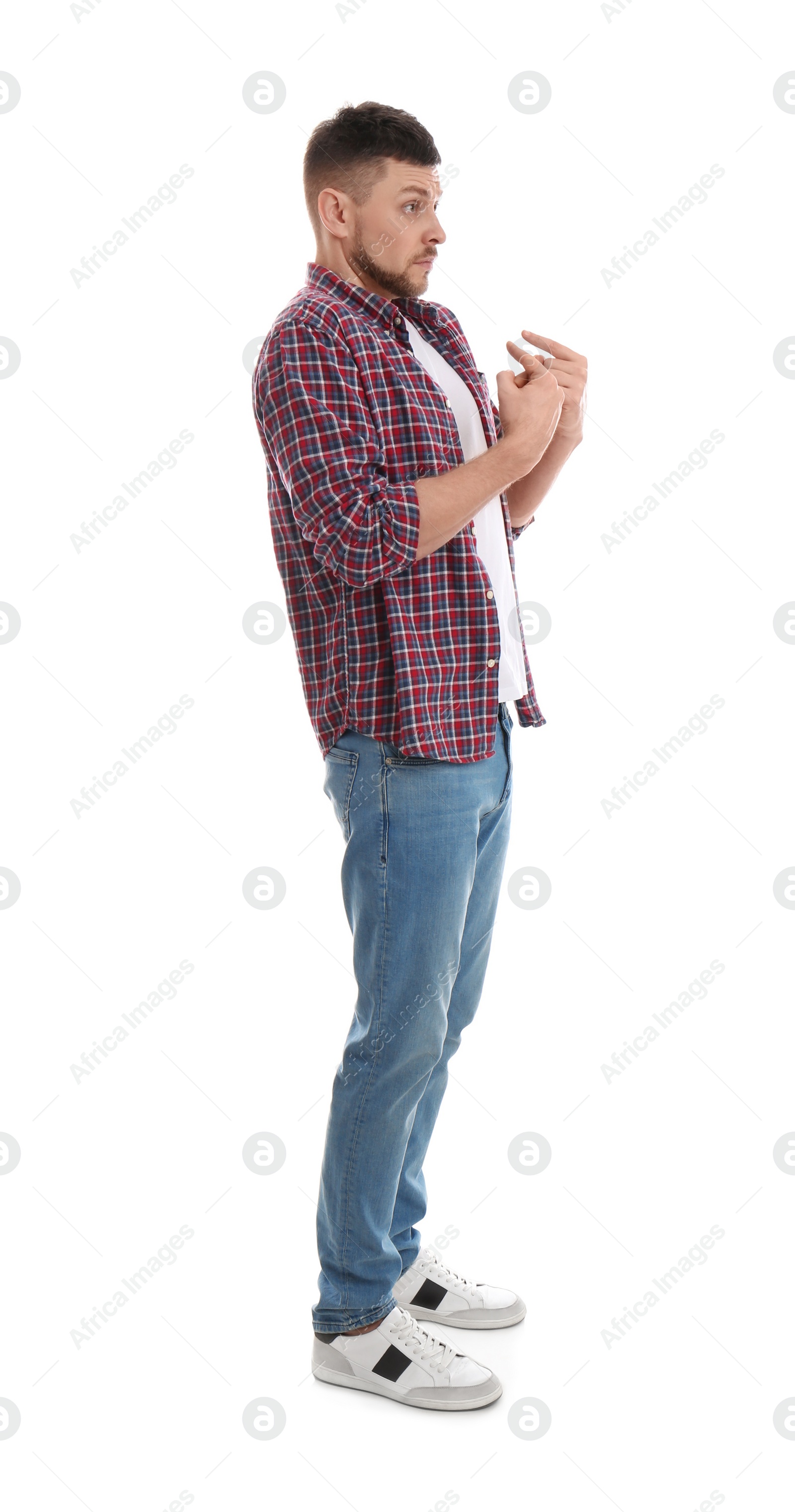 Photo of Emotional man pointing at himself on white background