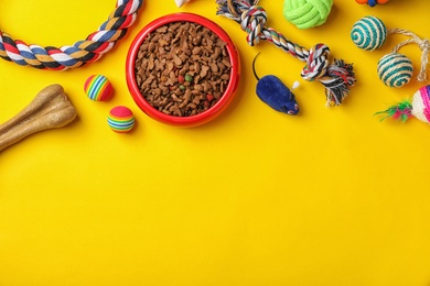 Bowl with food for cat or dog and accessories on color background. Pet care