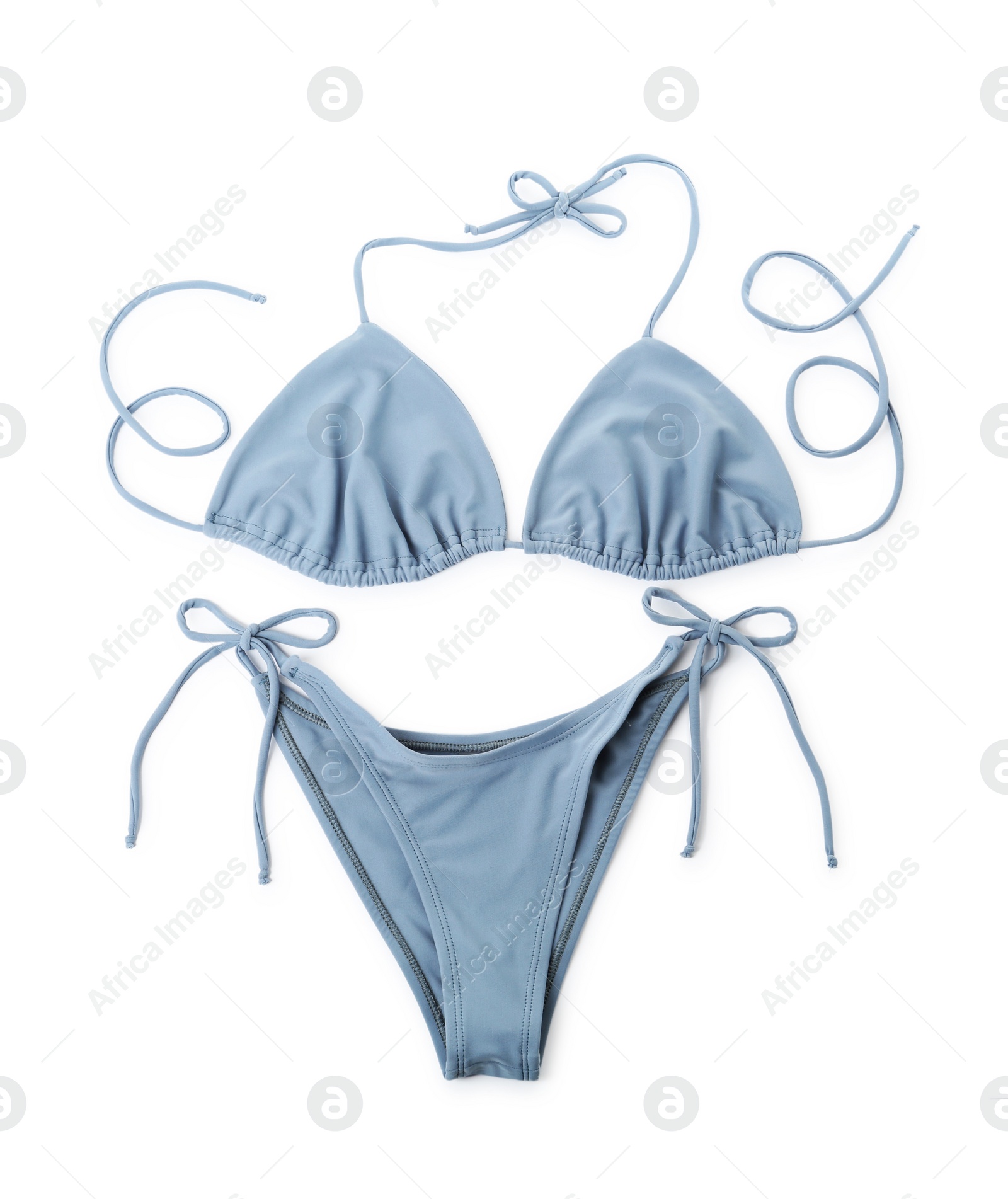 Photo of Stylish blue bikini on white background, top view