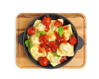 Photo of Tasty ravioli with tomato sauce isolated on white, top view