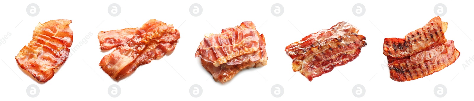 Image of Set with tasty fried bacon slices on white background. Banner design